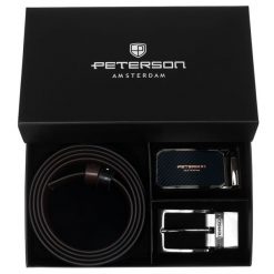 Zestaw prezentowy: dwustronny pasek skórzany w brązowym i czarnym kolorze Peterson PTN KL-B016S001. Brązowe paski Peterson, bez wzorów, ze skóry, eleganckie. Za 139.99 zł.