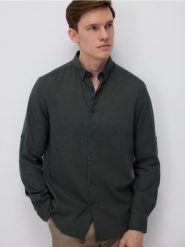 Koszula regular z lnem - ciemnozielony. Zielone koszule Reserved, l, bez wzorów, z bawełny, bez kołnierzyka, bez ramiączek. Za 149.99 zł.