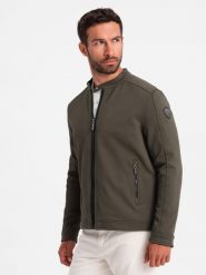 Kurtka męska o kroju biker ze strukturalnego materiału – ciemnooliwkowa V1 - Rozmiar: S. Zielone kurtki Ombre Clothing, m, bez wzorów, bez kaptura. W wyprzedaży za 79.99 zł.