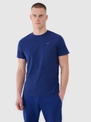 4F T-shirt regular gładki męski - granatowy L. Niebieskie t-shirty 4F, l, bez wzorów, z bawełny, bez kołnierzyka, bez ramiączek. W wyprzedaży za 39.99 zł.