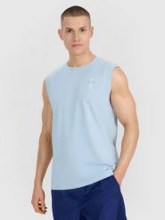 4F Tank top regular męski - niebieski M. Niebieskie bezrękawniki 4F, m, bez wzorów, z bawełny, bez kołnierzyka, bez ramiączek. W wyprzedaży za 39.99 zł.