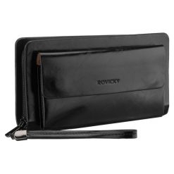 Saszetka męska ze skóry ekologicznej w czarnym kolorze, dwukomorowa - Rovicky. Czarne torby na ramię ROVICKY, bez wzorów, ze skóry ekologicznej, bez dodatków. Za 49.99 zł.