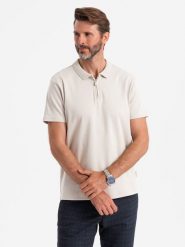 Męska koszulka polo z zapinanym na zamek kołnierzykiem – popielata V2 OM-POSS-0132 - XXL. Szare koszulki polo sportowe Ombre Clothing, l, z aplikacjami, z bawełny, bez kołnierzyka, bez ramiączek. Za 83.99 zł.