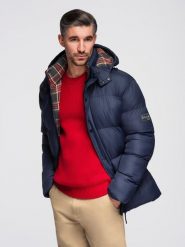 Kurtka męska puffer z podszewką w kratę – granatowa V1 - Rozmiar: M. Niebieskie kurtki Ombre Clothing, m, z aplikacjami, z bawełny, bez kaptura. Za 419.99 zł.