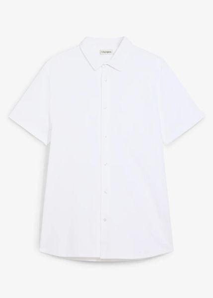 Koszula z krótkim rękawem, uszyta z piki z dużą ilością stretchu, slim fit. Białe koszule bonprix, m, bez wzorów, bez kołnierzyka, bez ramiączek. Za 77.99 zł.