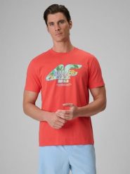 4F T-shirt regular z nadrukiem męski - koralowy S. Czerwone t-shirty 4F, m, bez wzorów, z bawełny, bez kołnierzyka, bez ramiączek. Za 69.99 zł.