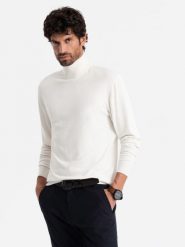 Jednokolorowy dzianinowy męski golf z wiskozą – biały V3 - Rozmiar: XXL. Białe golfy Ombre Clothing, m, bez wzorów, z dzianiny, bez ramiączek. W wyprzedaży za 79.99 zł.