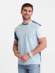 Męski t-shirt z elastanem z kolorowymi rękawami - niebieski V2 OM-TSCT-0176 - L. Niebieskie t-shirty Ombre Clothing, l, bez wzorów, z bawełny, bez kołnierzyka, bez ramiączek. W wyprzedaży za 39.99 zł.