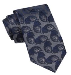 Modny Męski Krawat - Alties - Popielaty w Liście, Granatowe Akcenty. Niebieskie krawaty i muchy Alties, bez wzorów, z tkaniny. Za 49.00 zł.