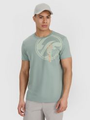 4F T-shirt regular z nadrukiem męski - oliwkowy L. Brązowe t-shirty 4F, l, bez wzorów, z bawełny, bez kołnierzyka, bez ramiączek. Za 69.99 zł.