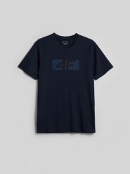 4F T-shirt regular z nadrukiem męski - granatowy M. Niebieskie t-shirty 4F, m, bez wzorów, z bawełny, bez kołnierzyka, bez ramiączek. Za 79.99 zł.