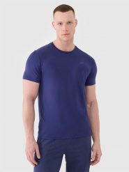 4F Koszulka treningowa szybkoschnąca męska - granatowa S. Niebieskie t-shirty 4F, m, bez wzorów, z dzianiny, bez kołnierzyka, bez ramiączek. W wyprzedaży za 59.99 zł.