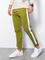 Spodnie męskie dresowe joggery - oliwkowe V7 - Rozmiar: L. Zielone joggery i bojówki Ombre Clothing, l, bez wzorów, z bawełny. W wyprzedaży za 39.99 zł.