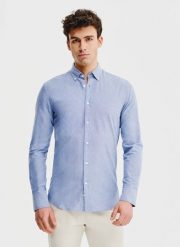 PAKO LORENTE – Koszula męska z kołnierzem na guziki. Niebieskie koszule Pako Lorente, m, bez wzorów, z bawełny, bez kołnierzyka, bez ramiączek. Za 199.99 zł.