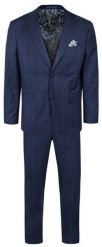 Garnitur Męski - Elegancki - Victorio - Granatowy, Wzór w Kratę. Niebieskie garnitury Victorio, do pracy, l, bez wzorów, z elastanu. Za 699.00 zł.