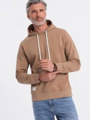 Męska bluza dresowa kangurka z kapturem - brązowa V2 OM-SSBN-0177 - S. Brązowe bluzy Ombre Clothing, l, z aplikacjami, z bawełny, z kapturem. Za 77.99 zł.