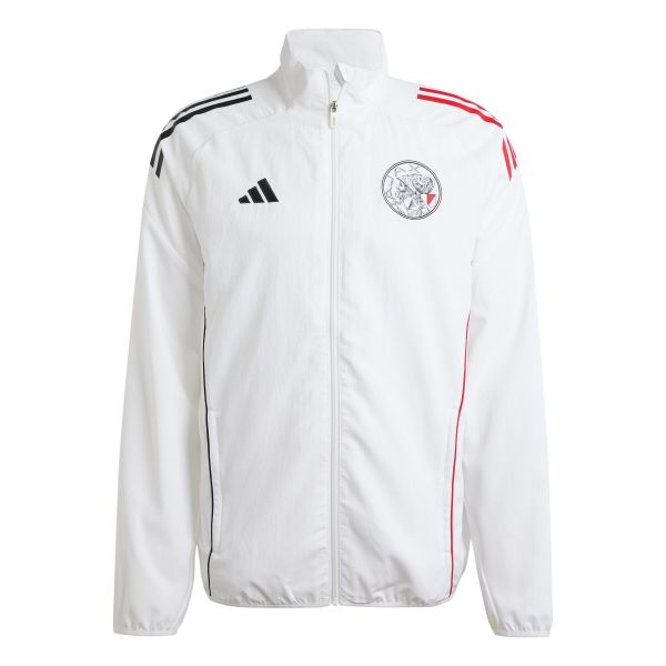 Kurtka prezentacyjna Ajax Amsterdam 2025/26. Białe kurtki Adidas, bez wzorów, bez kaptura. W wyprzedaży za 347.95 zł.