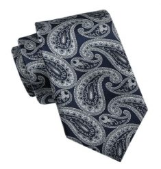 Elegancki Krawat Męski - Alties - Granatowy w Duże, Popielate Paisley. Niebieskie krawaty i muchy Alties, bez wzorów, z tkaniny. Za 49.00 zł.