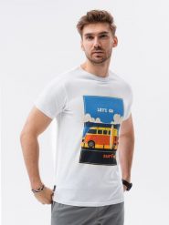 T-shirt męski z nadrukiem - biały V8A - Rozmiar: XL. Białe t-shirty Ombre Clothing, m, bez wzorów, z bawełny, bez kołnierzyka, bez ramiączek. W wyprzedaży za 29.99 zł.