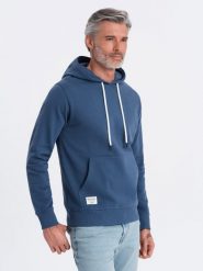 Bluza męska dresowa kangurka z kapturem - granatowa V4 OM-SSBN-0177 - XL. Niebieskie bluzy Ombre Clothing, l, z aplikacjami, z bawełny, z kapturem. Za 77.99 zł.
