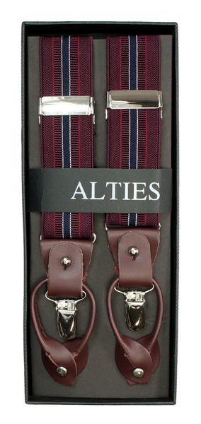 Szelki Klasyczne Bordowe w Paski, Zapięcie na Guziki lub Żabki, Męskie -ALTIES. Czerwone sztyblety Alties, bez wzorów, z gumy, bez obcasa, bez zapięcia. Za 89.00 zł.