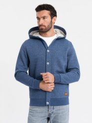 Bluza męska dresowa z kapturem zapinana na guziki – granatowy melanż V1 OM-SSZP-0186 - XXL. Niebieskie bluzy Ombre Clothing, l, bez wzorów, z bawełny, z kapturem. Za 143.99 zł.
