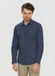 PAKO LORENTE – Granatowa koszula w drobny wzór P24SF-1X-027-G-S - Pako Lorente. Koszule Pako Lorente, s, bez wzorów, z elastanu, bez kołnierzyka, bez ramiączek. Za 119.99 zł.