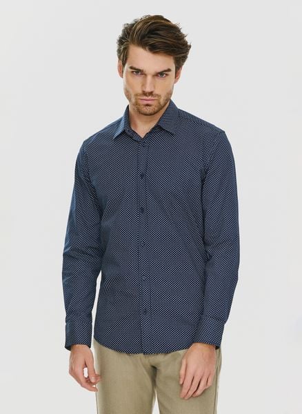 PAKO LORENTE – Granatowa koszula w drobny wzór P24SF-1X-027-G-S - Pako Lorente. Koszule Pako Lorente, s, bez wzorów, z elastanu, bez kołnierzyka, bez ramiączek. Za 79.99 zł.