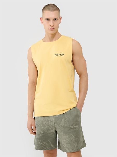 4F Tank top oversize męski - żółty S. Żółte bezrękawniki 4F, m, bez wzorów, z bawełny, bez kołnierzyka, bez ramiączek. W wyprzedaży za 29.99 zł.