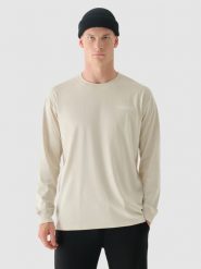 4F Longsleeve oversize z nadrukiem męski - beżowy L. Brązowe bluzki z długim rękawem 4F, l, bez wzorów, z bawełny, bez kołnierzyka, bez ramiączek. W wyprzedaży za 39.99 zł.