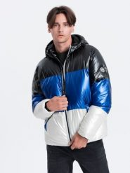 Kurtka męska zimowa trzykolorowa świecąca - grafitowa V6 - Rozmiar: L. Szare kurtki Ombre Clothing, na zimę, l, bez wzorów, z poliesteru, bez kaptura. W wyprzedaży za 99.99 zł.