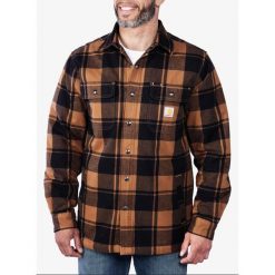 Koszula turystyczna męska Carhartt Flannel Sherpa-Lined Shirt Jac. Brązowe koszule Carhartt, m, bez wzorów, bez kołnierzyka, bez ramiączek. Za 408.99 zł.