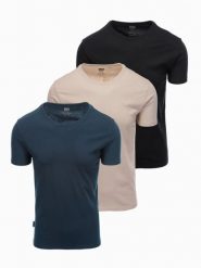 Zestaw męskich bawełnianych koszulek BASIC z okrągłym dekoltem – czarny/granatowy/piaskowy V7 OM-TSBS-0232 - XXL. Niebieskie t-shirty Ombre Clothing, l, bez wzorów, z bawełny, bez kołnierzyka, bez ramiączek. Za 89.99 zł.