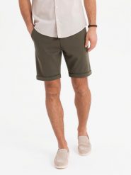 Męskie dzianinowe szorty z podwiniętymi nogawkami – oliwkowe V5 OM-SRCS-0170 - XXL. Zielone szorty Ombre Clothing, l, bez wzorów, z dzianiny, klasyczne. Za 101.99 zł.