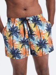 Kąpielówki męskie w palmy - niebiesko-pomarańczowe V24 OM-SRBS-0125 - S. Brązowe szorty Ombre Clothing, m, bez wzorów. W wyprzedaży za 59.99 zł.