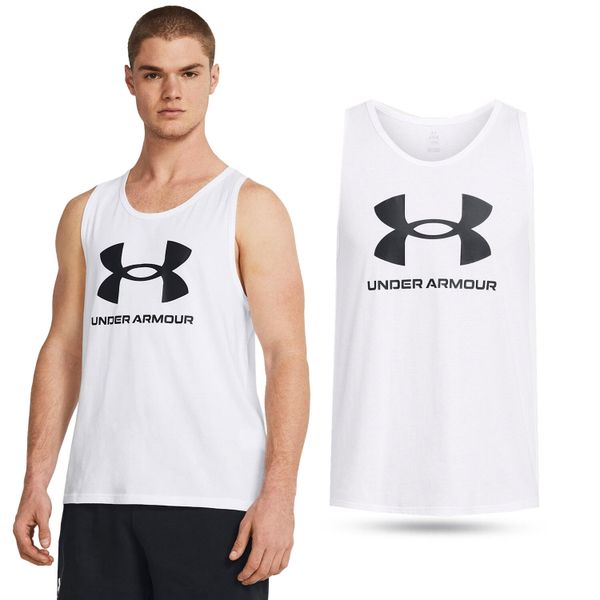 Koszulka męska tank top UNDER ARMOUR 1382883 bez rękawów. Białe bezrękawniki Under Armour, m, bez wzorów, bez kołnierzyka, bez ramiączek. Za 87.99 zł.