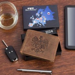 Portfel skórzany męski brązowy nubuk poziomy skóra Godło Polski Orzeł RFiD Beltimore R92. Brązowe portfele bez wzorów, z nubiku. Za 59.90 zł.