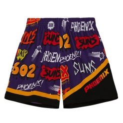 Spodenki z naklejką Phoenix Suns Swingman 1996/97. Fioletowe szorty Mitchell & Ness, bez wzorów, sportowe. Za 377.50 zł.