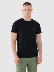 4F T-shirt regular z nadrukiem męski - czarny M. Czarne t-shirty 4F, m, bez wzorów, z bawełny, bez kołnierzyka, bez ramiączek. W wyprzedaży za 49.99 zł.