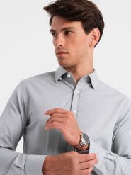 Męska koszula SLIM FIT z ozdobnej tkaniny – szara V2 OM-SHCS-0175 - XXL. Szare koszule Ombre Clothing, l, z aplikacjami, z bawełny, bez kołnierzyka, bez ramiączek. W wyprzedaży za 119.99 zł.
