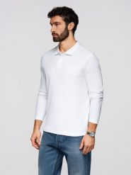 Longsleeve męski BASIC z kołnierzykiem polo – biały V1. Białe bluzki z długim rękawem Ombre Clothing, m, bez wzorów, z bawełny, bez kołnierzyka, bez ramiączek. Za 169.99 zł.