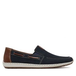 Półbuty Rieker. Niebieskie eleganckie półbuty Rieker, bez wzorów, bez obcasa, bez zapięcia. Za 329.99 zł.