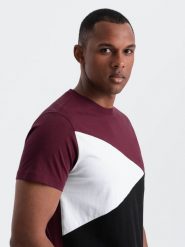 Męski t-shirt trójkolorowy bawełniany - bordowo-czarny V5 OM-TSCT-0174 - L. Czerwone t-shirty Ombre Clothing, l, bez wzorów, z bawełny, bez kołnierzyka, bez ramiączek. W wyprzedaży za 29.99 zł.