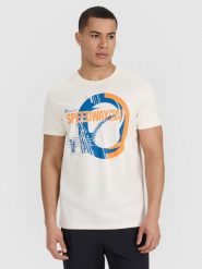 4F T-shirt regular z nadrukiem męski - beżowy S. Brązowe t-shirty 4F, m, bez wzorów, z bawełny, bez kołnierzyka, bez ramiączek. Za 59.99 zł.