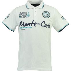 Koszulka polo "Karo" w kolorze białym. Koszulki polo marki Geographical Norway, z aplikacjami, z bawełny, z dekoltem karo, z krótkim rękawem. W wyprzedaży za 117.95 zł.