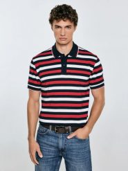 Koszulka męska polo w kolorowe paski Seulir 603. Czerwone koszulki polo sportowe BIG STAR, l, z aplikacjami, z bawełny, bez kołnierzyka, bez ramiączek. Za 159.99 zł.