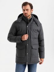 Długa ciepła kurtka męska typu parka z wełną – czarny melanż V2 OM-JALJ-0217 - XXL. Czarne kurtki Ombre Clothing, l, z aplikacjami, z materiału, bez kaptura. W wyprzedaży za 199.99 zł.