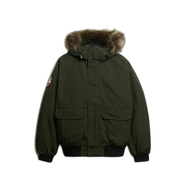 Kurtka puchowa Superdry Bomber à fourrure synthétique Everest. Zielone kurtki Superdry, xl, z aplikacjami, z puchu, bez kaptura. Za 617.60 zł.
