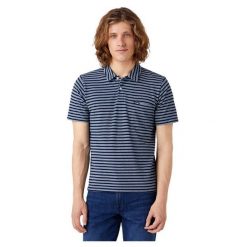WRANGLER POLO SHIRT MĘSKA KOSZULKA W PASKI MID INDIGO W7BJDOX8E 112321772. Niebieskie koszulki polo Wrangler, m, bez wzorów, bez kołnierzyka, bez ramiączek. Za 69.99 zł.