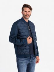 Kurtka męska bomberka z pikowanym wzorem – granatowa V2 OM-JALP-0141 - XXL. Niebieskie kurtki Ombre Clothing, l, z aplikacjami, z materiału, bez kaptura. W wyprzedaży za 139.99 zł.